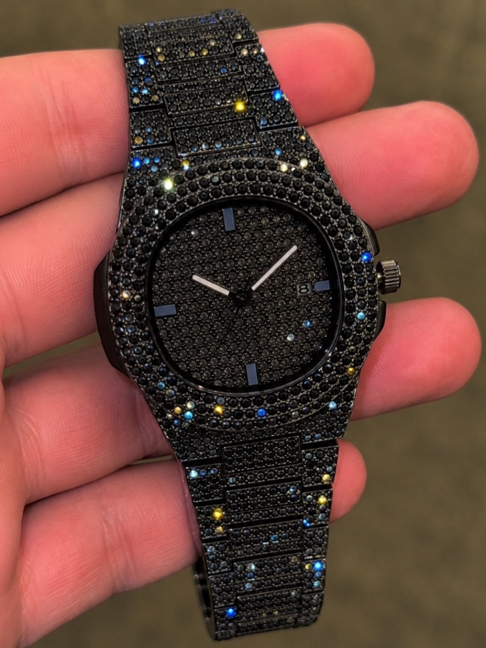 Iced Out VVS1 Simulated Black Diamond Stainless Steel Watch Pavé Set Fully Iced